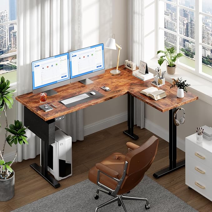 Korfile 63” L Shaped Electric Standing Desk, Height Adjustable Computer Desk with LED Screen & Memory Presets, Ergonomic Sit to Stand Desk with Headphone Hook for Home, Office and Workstation, Brown
