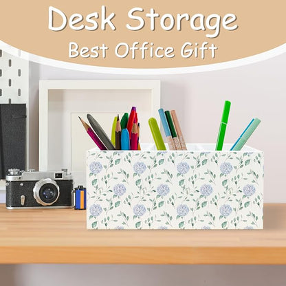 Grandmillennial Blue Hydrangea Pen Pencil Holder Organizer for Desk, Blue and White Chinoiserie Floral Botanical Wooden Box Block Sign for Home Office Tabletop Decor