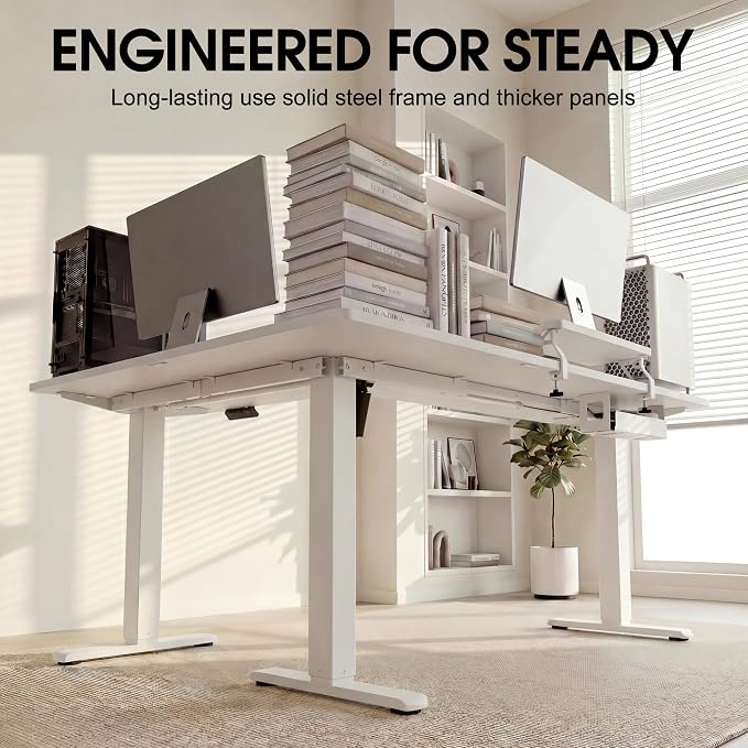 Furmax 63 x 47 Inch L Shaped Standing Desk with 2 Preset Heights, Electric Height Adjustable Computer Desk, Corner Sit Stand Desk for Home Office, 2 Hooks & Feet Balance (White, 63 x 47 Inch)