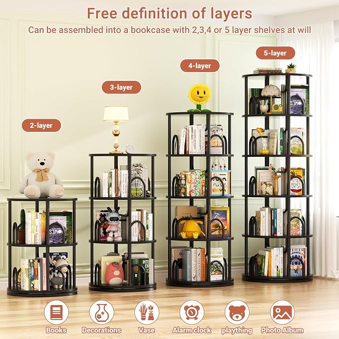 Aheaplus 5 Tier Rotating Bookshelf Tower, 360 Display Spinning Bookcase, Revolving Round Book Shelf Narrow Swivel Bookshelf, Vertical Turning Spiral Corner Book Organizer for Small Space, Black