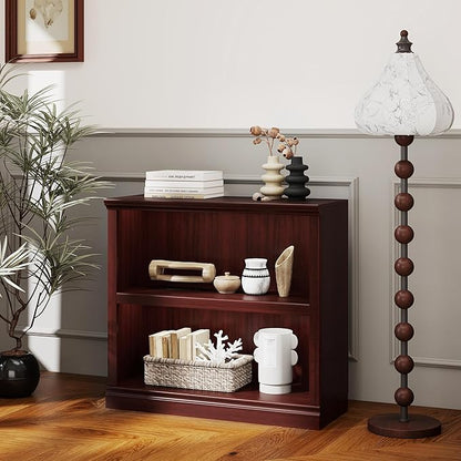 blini 2-Shelf Bookcase Mahogany Wooden Bookshelves 33in Wide Floor Standing Display Storage Shelves Mahogany Bookcase for Home Office, Living Room, Bed Room