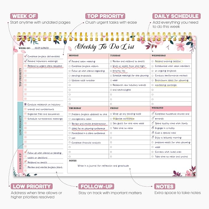 Taja Weekly To Do List Notepad with 52 Undated Sheets（8.5"×11"）- Weekly Desk Planner for Women & Man, Work and Home - 1 Pack Whispering Petal