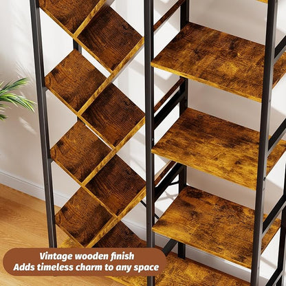 5-Tier Double Wide Bookshelf 67" , Industrial Tree BookShelves, Vintage Storage Rack with 14 Open Shelves, Large Bookcase, Wooden and Metal Bookshelves, Wide Display Rack for Home Office Decorative