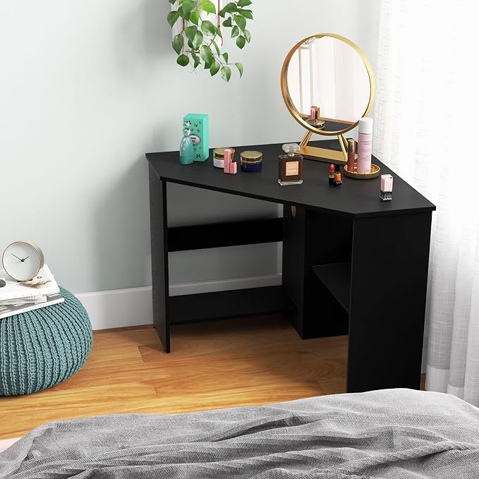 Corner Computer Desk with Shelves, 90° Triangle Wooden Study Writing Table Cable Management Holes, Space Saving Compact Study Workstation for Bedroom Living Room Office (Black)
