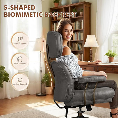 Faux Leather Executive Office Chair - Big and Tall Ergonomic Home Office Chair,Computer Desk Chairs with Lumbar Support,Adjustable Task Swivel Rolling PC with Wheels,Suede,Grey