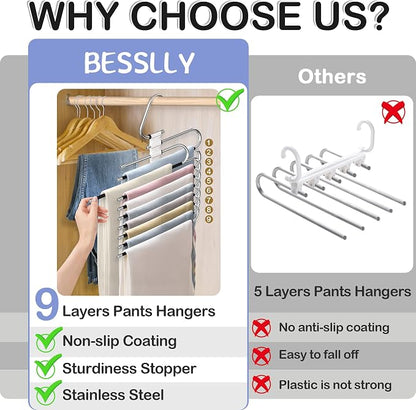 9 Layers Pants Hangers 2 Pack, Antique White | Space Saving Multifunctional Pant Rack Stainless Steel Closet Organizer for Pants Jeans Leggings Trousers