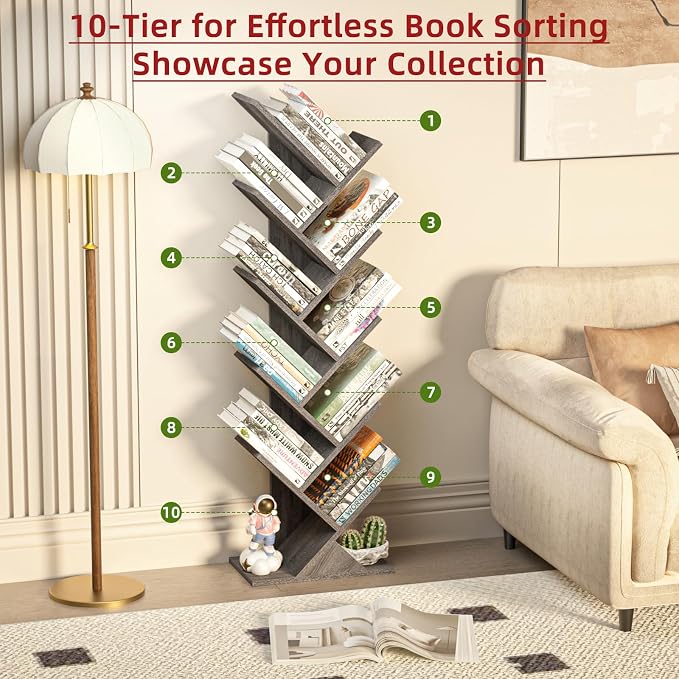 SHEEPAM 10 Tier Tree Book Shelf, Floor Standing Wood Bookshelf for Narrow Space, Storage Organizer Bookshelves for Books/CDs/Magazine, Bookcase with Shelves for Home Office, Living Room - Light Grey
