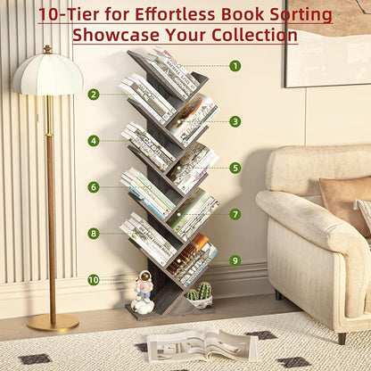 SHEEPAM 10 Tier Tree Book Shelf, Floor Standing Wood Bookshelf for Narrow Space, Storage Organizer Bookshelves for Books/CDs/Magazine, Bookcase with Shelves for Home Office, Living Room - Light Grey
