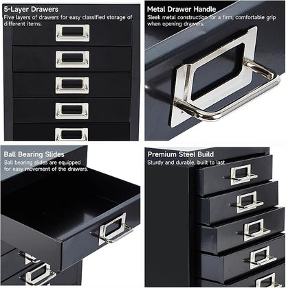 Office Storage Cabinet - File Cabinet Mini 5 Tier Metal File Organizer Document Organizer, for Home, Office, Desk (Black)