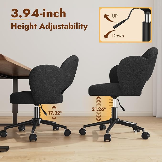 Homkdom Desk Chair with Wheels, 3.94" Thick Comfy Petal Vanity Chair, Swivel Armless Chair with Open Back and Adjustable Height, Ideal for Makeup Study Work and Relaxation, Black