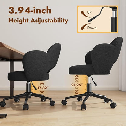 Homkdom Desk Chair with Wheels, 3.94" Thick Comfy Petal Vanity Chair, Swivel Armless Chair with Open Back and Adjustable Height, Ideal for Makeup Study Work and Relaxation, Black