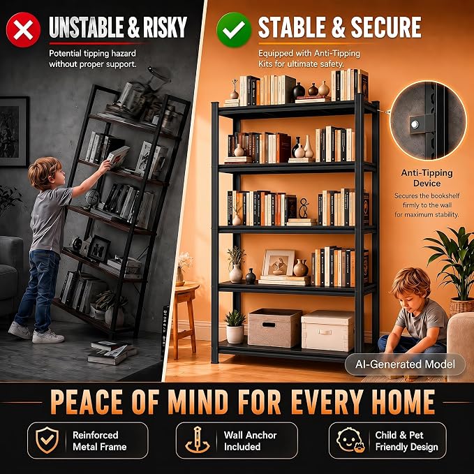 Modern Metal Book Shelf, Heavy Duty Black Bookshelf, Bolt-Free Deep Bookcase for CDs Movies Garage Kit, Adjustable Bookshelf in Living Room, Bedroom, Kitchen, Office, 36" W x14 D x32 H