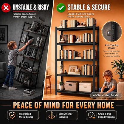 4-Tier Metal Bookshelf, 45.5" W Industrial Tall Display Bookcase, 1200LBS Modern Black Book Shelf, Adjustable Bolt-Free Storage Shelves for Living Room, Bedroom, Kitchen, 63" H