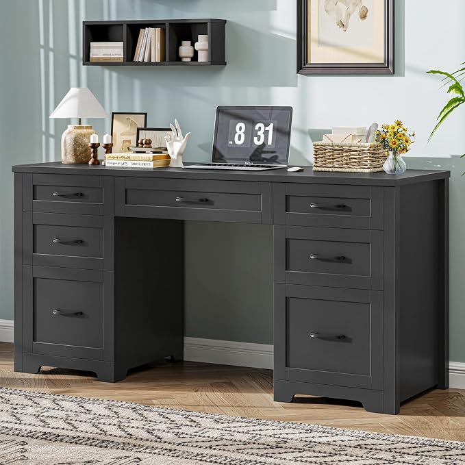 Vabches Farmhouse 61'' Executive Desk with 7 Drawers, Rustic Office Desk Computer Table with File Drawers, Wood Workstation for Study and Home Office,Pure Black