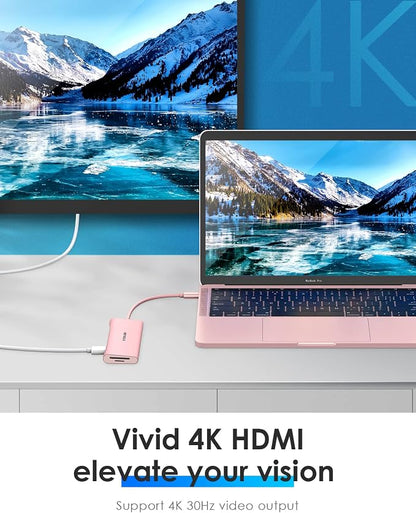 LENTION 7-in-1 USB C Multiport Hub with 4K HDMI, 100W PD, 3 USB 3.0 Ports, SD/MicroSD Card Reader Compatible MacBook Pro/Air/Neo 2016-2026 Type C Devices Stable Driver Adapter (CB-C36B, Rose Gold)