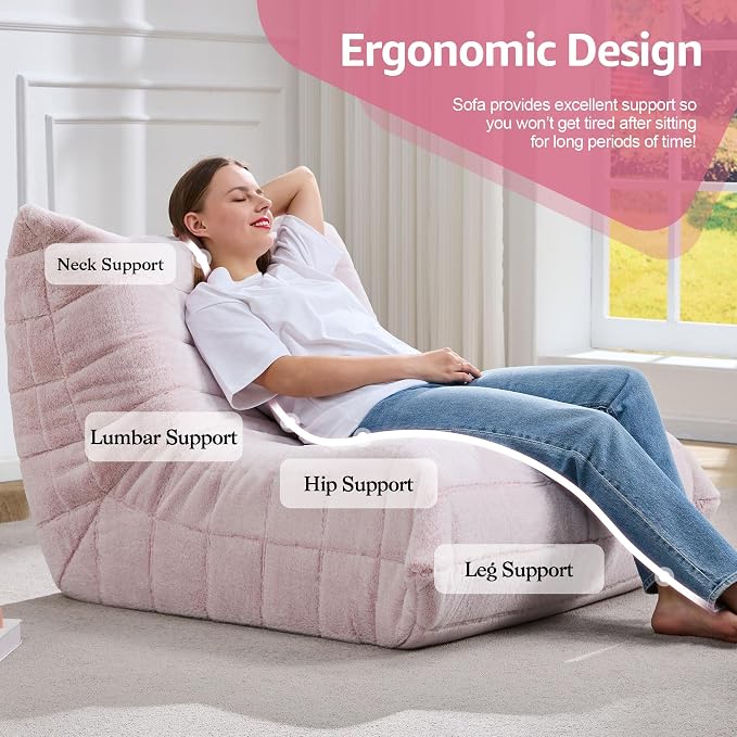 Hobestluk Adults Bean Bag Chair Faux Fur BeanBag Couch for Living Room | Pink Plush,Ergonomic Design,Memory Foam,UltraSoft,Anti-slip Bottom,No Assembly Required,Decorative Style for Living Room