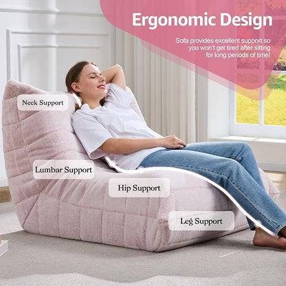 Hobestluk Adults Bean Bag Chair Faux Fur BeanBag Couch for Living Room | Pink Plush,Ergonomic Design,Memory Foam,UltraSoft,Anti-slip Bottom,No Assembly Required,Decorative Style for Living Room