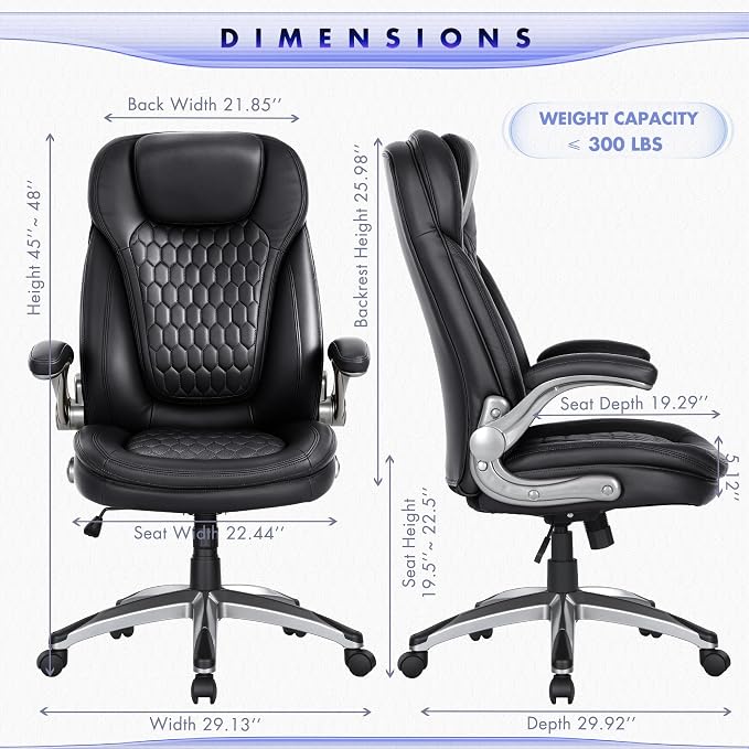 Executive Office Chair-Ergonomic Computer Desk Chair, High Back Leather Chair with Padded Flip-up Arms, Swivel Home Office Chair Upgraded Caster-Black