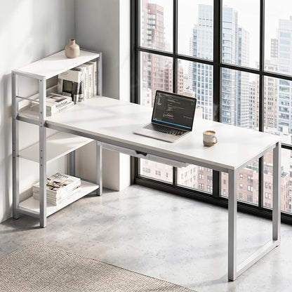 SHW 46-Inch Home Office Mission Computer Desk with Side Shelf and Drawer, White