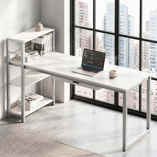 SHW 46-Inch Home Office Mission Computer Desk with Side Shelf and Drawer, White
