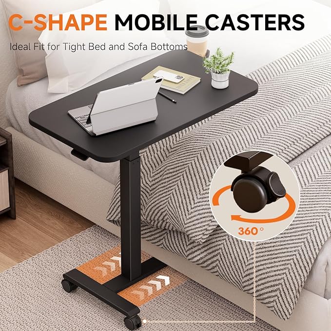 GTPLAYER Small Standing Desk with Lockable Wheels, Pneumatic Mobile Rolling Laptop Desk,Adjustable Height Overbed Bedside Table Computer Workstation for Home Office (28" W x 16" D, Black)