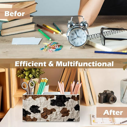 DILSJ Western Cow Print Pen Pencil Holder Organizer for Desk, Cow Lovers Gifts for Women Men, Rustic Country Western Cowhide Wooden Box Signs for Home Office Desk Tabletop Decoration