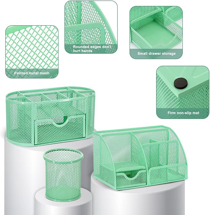 17 in 1 Green Desk Organizers and Accessories Set, 3 Office Desk Supplies Storage Organization, 4 Pens, Stapler, Staples & Remover, Tape & Dispenser, Scissors, Ruler, Clips, Hole Punch, Back to School