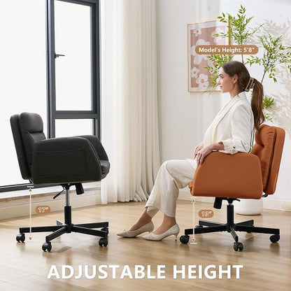 Criss Cross Chair with Flip-Up Arms & Swivel Wheels, Vanity Chair with Adjustable Height & Side Pockets, Comfortable Wide Seat Reclining Computer Office Desk Chairs for Home Office, Make Up, Bed Room
