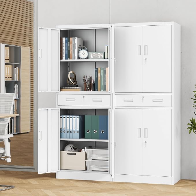 71" H Tall Metal Storage Cabinet with Drawer, Metal Garage Storage Cabinet with Lock and 2 Adjustable Shelves for Home, Office, Garage, Warehouse Organize, White