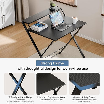 DUMOS Small Folding Desk with Shelf, No-Assembly Foldable Computer Desk for Tight Spaces, Portable Table for Bedroom, Home Office, Dorm or Apartment, Ink