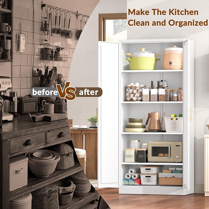 BESFUR 71" Tall White Kitchen Pantry Cabinet, Metal Food Storage Cabinet with 4 Adjustable Shelves, Freestanding Cupboard with Doors for Kitchen, Dining Room, Living Room, Bathroom, Laundry Room
