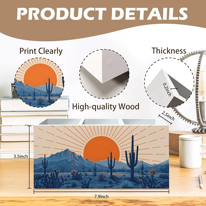 DILSJ Western Boho Pen Pencil Holder Organizer for Desk, Boho Office Decor, Abstract Sunshine Western Desert Cactus Landscape Wooden Box Signs for Home Office Desk Tabletop Decoration