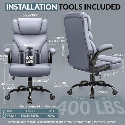 HeroSet Office Chair, Ergonomic Big and Tall Computer Desk Chairs, Executive Breathable Leather Chair with Adjustable Flip-up Armrests, Lumbar Support Swivel PC Chair with Rocking Function,Matte Gray