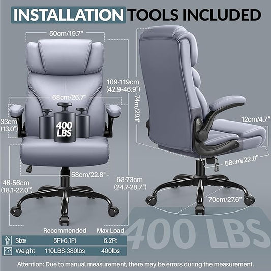 HeroSet Office Chair, Ergonomic Big and Tall Computer Desk Chairs, Executive Breathable Leather Chair with Adjustable Flip-up Armrests, Lumbar Support Swivel PC Chair with Rocking Function,Matte Gray