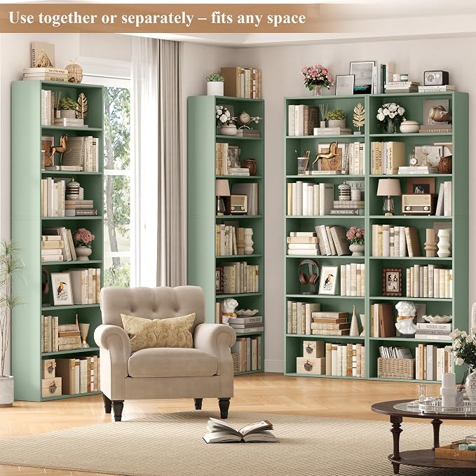 FACBOTALL 82" Tall Bookshelf Set of 2, 7-Tier Double Open Shelves Bookcase,Freestanding Display Storage Shelves, Tall Bookcase Home Decor Furniture for Home Office,Living Room,Bedroom, Green