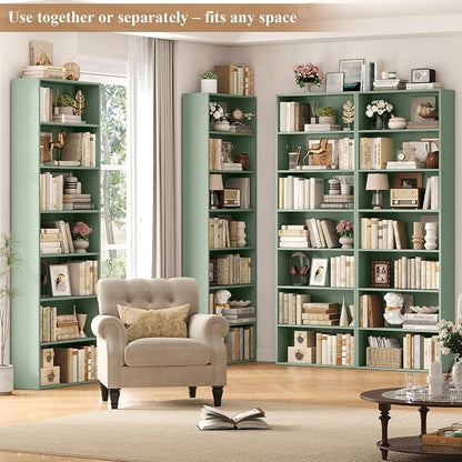 FACBOTALL 82" Tall Bookshelf Set of 2, 7-Tier Double Open Shelves Bookcase,Freestanding Display Storage Shelves, Tall Bookcase Home Decor Furniture for Home Office,Living Room,Bedroom, Green