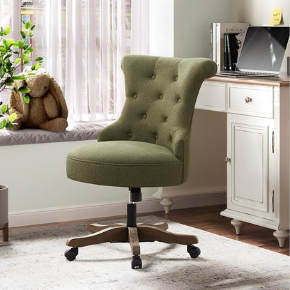 HUIMO Home Office Chair Upholstered Armless Desk Chair with Wheels Adjustable Height Computer Desk Chair with Wooden Legs Comfortable Swivel Chair for Home Office Study Studio (Green)