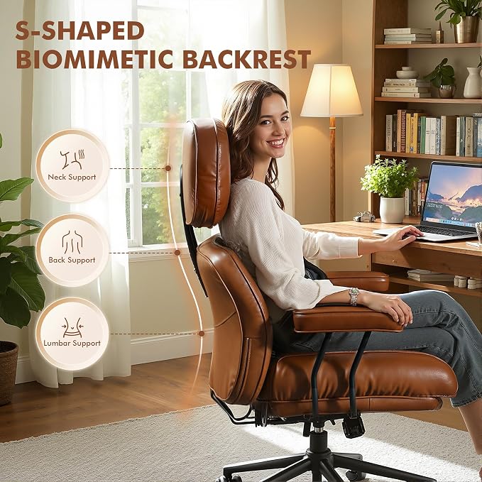 Faux Leather Executive Office Chair - Big and Tall Ergonomic Home Office Chair,Computer Desk Chair with Lumbar Support,Adjustable Task Chair Swivel Rolling PC Chair with Wheels,PU,Brown