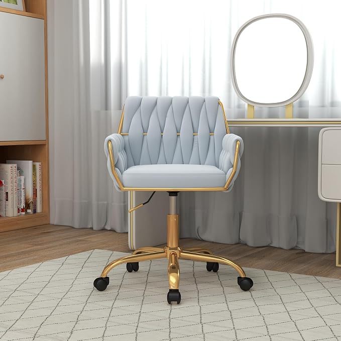 Velvet Modern Home Office Vanity Chair, 360° Swivel Adjustable Height Makeup Desk Chair with Golden Base and Hand Woven Backrest for Bedroom/Study/Vanity (Baby Blue)