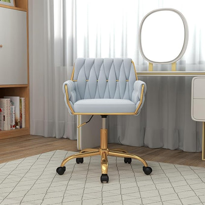 Velvet Modern Home Office Vanity Chair, 360° Swivel Adjustable Height Makeup Desk Chair with Golden Base and Hand Woven Backrest for Bedroom/Study/Vanity (Baby Blue)