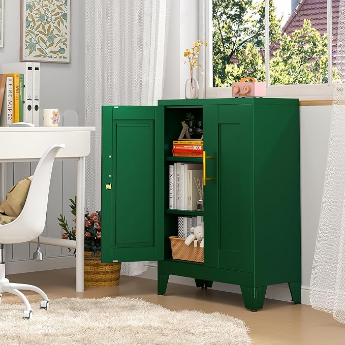 pozdeg 35.43" Lockable Metal Storage Cabinet, Steel Locker File Cabinet with 2 Doors ＆ 2 Adjustable Shelves, Multi-Purpose Organizer for Home, Office File Storage & Garage Locker (Green)