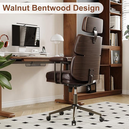 Mid-Century Modern Ergonomic Office Chair,High Back Faux Leather Executive Desk Chair with Walnut Bentwood & Headrest,Adjustable Swivel Computer Chair for Home Office,Brown