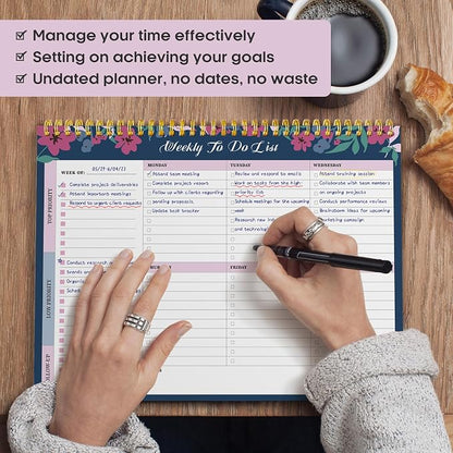 Taja Weekly To Do List Notepad with 52 Undated Sheets（8.5"×11"）- Weekly Desk Planner for Women & Man, Work and Home - 1 Pack Twilight Petals