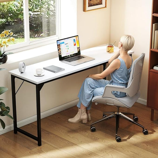 Sweetcrispy Small Computer Desk, 63" Office Writing Desk with Metal Frame & Wooden Top, X-Shaped Reinforcement, Student Study Home Bedroom Table, White