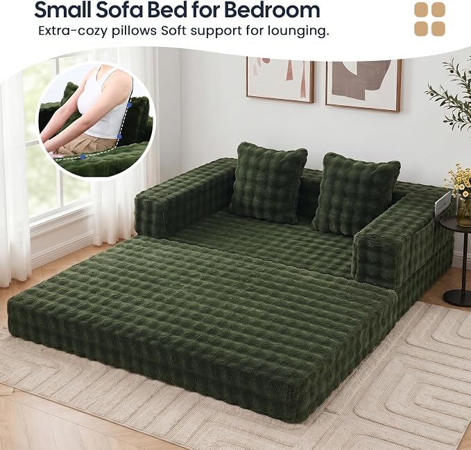 COMAX Futon Sofa Bed, 4‑in‑1 Convertible Sofa Bed, Folding Boneless Couches | Boneless Couch for living room, Fold Out Small Foldable Loveseat Floor Sleeper Mattress Lounge Space‑Saving, Classic Green