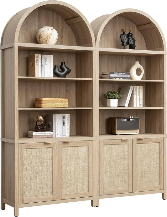 SICOTAS Book Shelf Arched Cabinet Bookshelf Arch 84.2" Tall Bookcase 5 Tier Large Bookshelves with Doors Storage Rattan Boho Wide Book Shelves Case for Living Room Kitchen Office Library