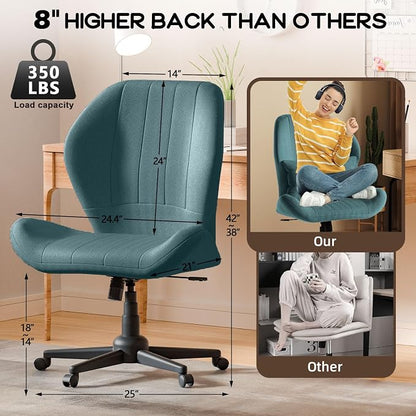 ZZW Criss Cross Chair with Wheels, Wide Cross Legged Office Chair Armless Comfy Desk Chair with Tall Back Vanity Chairs with Stress Relief Curved Design Seat for Bedroom & Office & Home Blue
