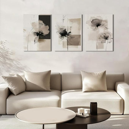 Neutral Abstract Floral Canvas Wall Art Modern Large Minimalist Wall Decor Contemporary Beige Black Flower Posters Prints Picture for Living Room Bedroom Bathroom Office 16x24 In Framed