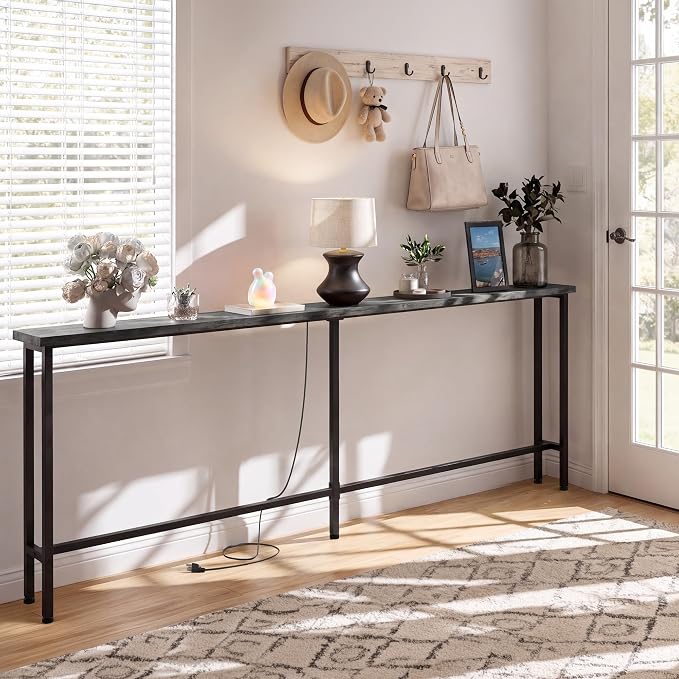 GRLEAF 70" Sofa Table with Built-in Power Strip (2 AC Outlets & 2 USB Ports) – 4.9ft Power Cord, Metal Frame, Easy Assembly, Long Couch Table Behind Sofa, Living Room and Home Office | Charcoal Gray