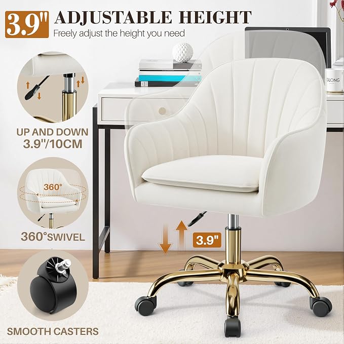 Vanity Chair with Wheels, Comfy Home Office Desk Chairs Adjustable Modern Velvet Makeup Vanity Chairs for Bedroom Living Room-Beige
